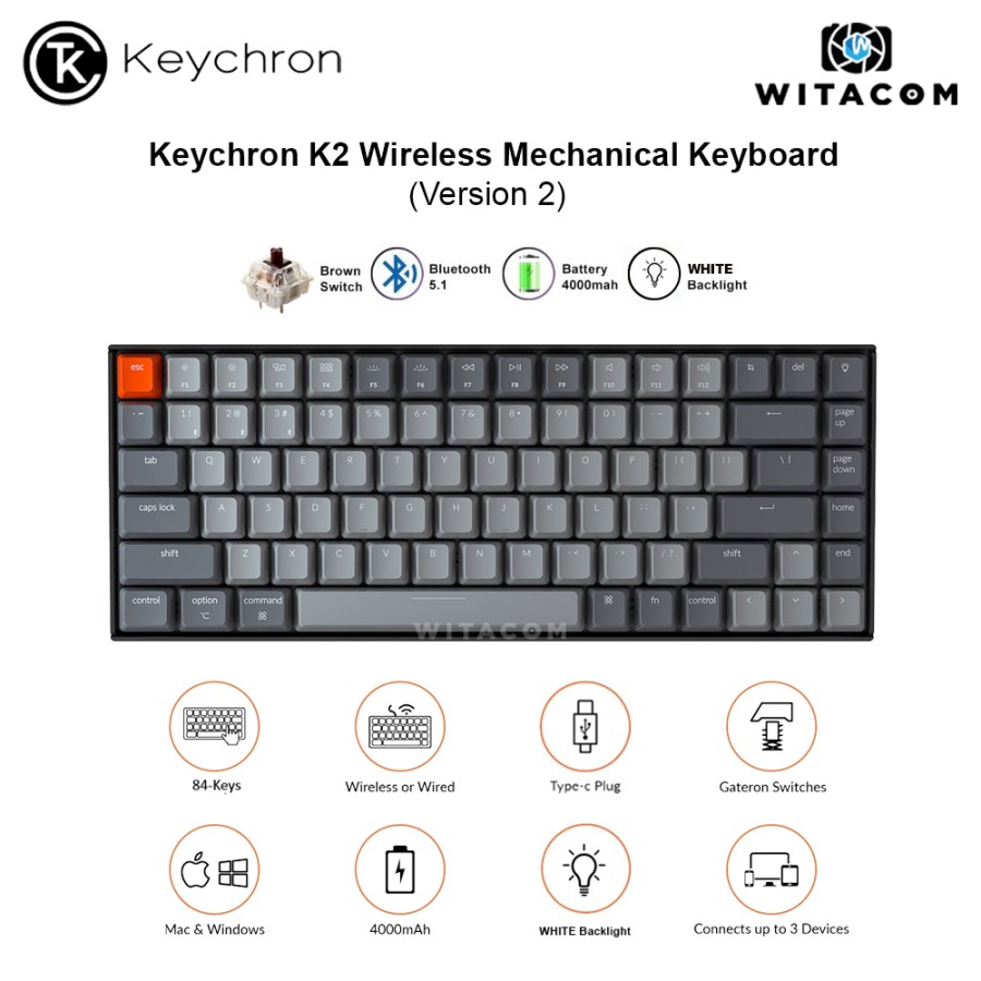Keychron K2-A3 84 Key Wireless Keyboard WHITE Plastic Frame Gateron – Brown  – Witacom